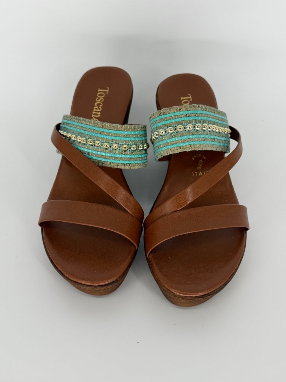 Toscanella Italian Leather Wedge Sandals - Teal Beaded Detail - Size 6 - Picture 2 of 6